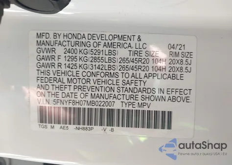 2021 Honda Passport Awd Elite from USA, damaged, VIN 5FNYF8H07MD022007